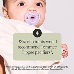 Tommee Tippee silicone soother 0-6 months lavender pacifier in baby mouth with 98 percent of parents recommending it