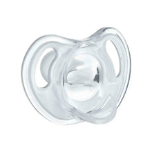 Clear silicone baby soother with symmetrical orthodontic design