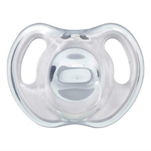 Clear silicone baby soother, symmetrical orthodontic design, front view