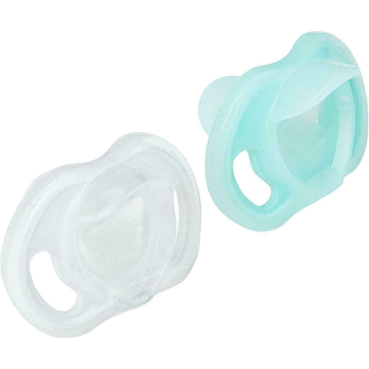 Two Tommee Tippee ultra light soother pacifiers in clear and mint green silicone with ergonomic shield holes