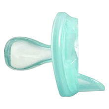 Light blue silicone baby soother with symmetrical orthodontic shield