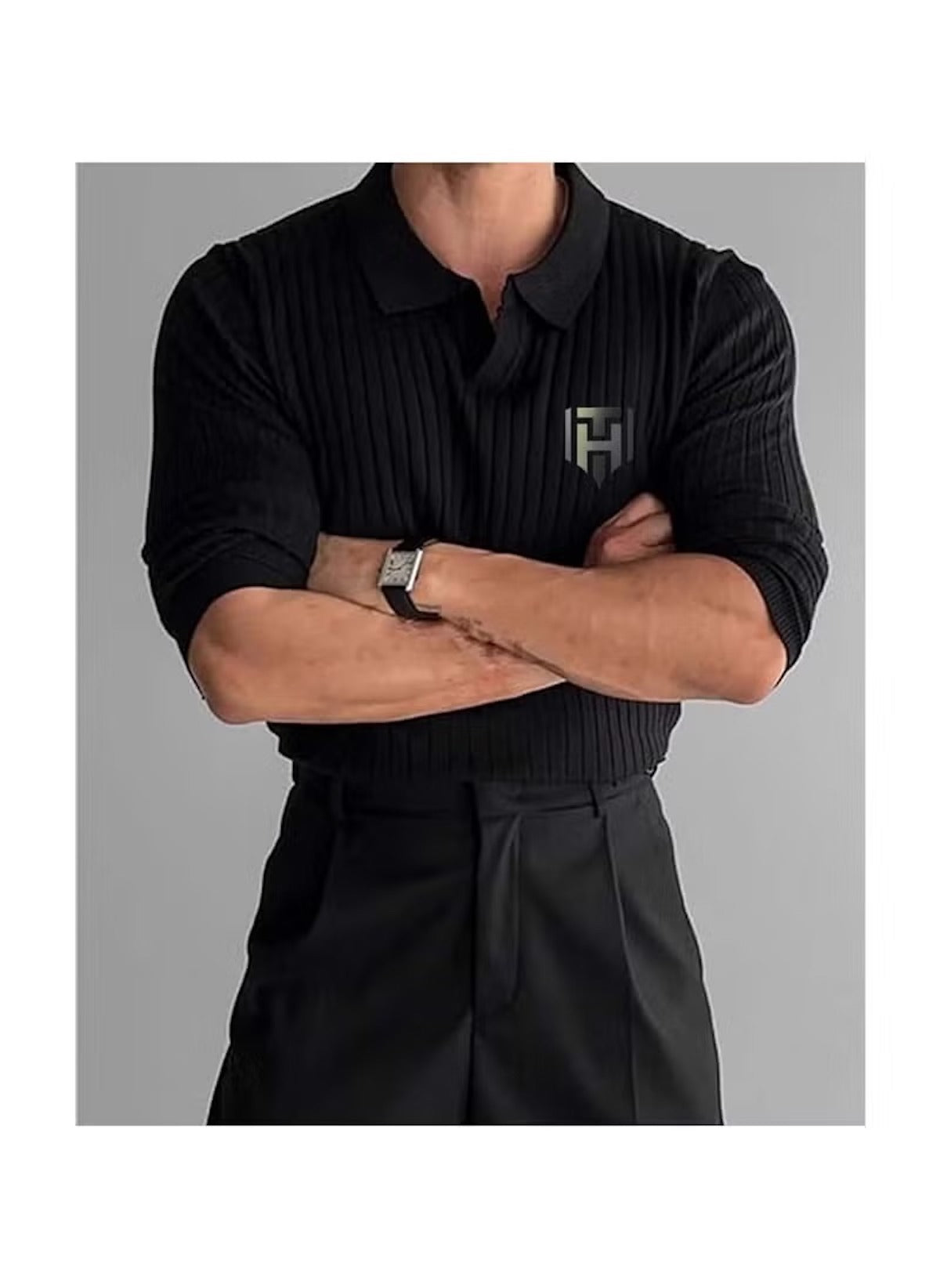 Huitich black long sleeve polo shirt for men UAE with ribbed texture and collar