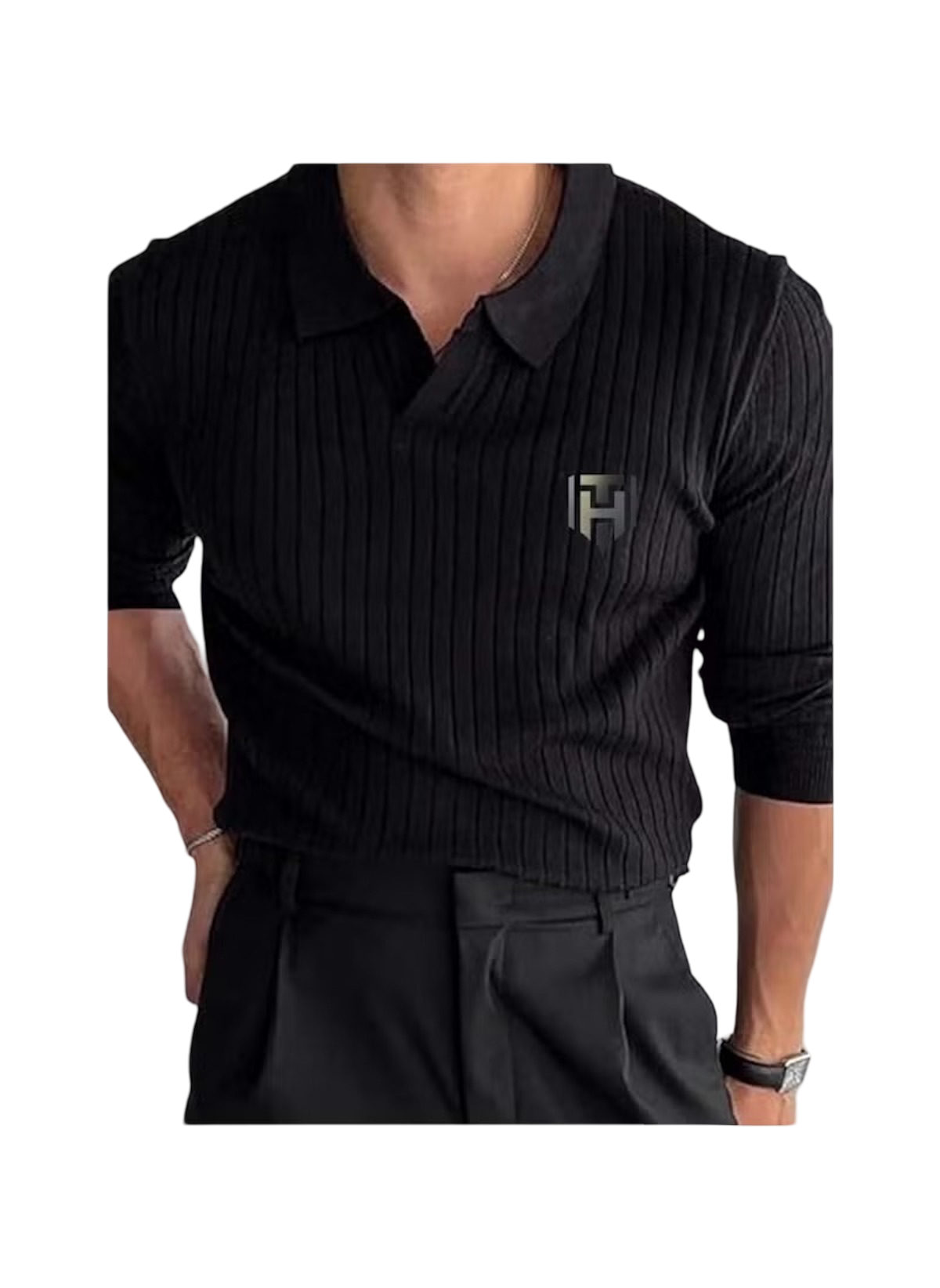 Huitich black long sleeve polo shirt for men UAE with ribbed texture and logo on chest