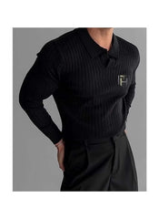 Huitich black long sleeve polo shirt for men UAE made of ribbed fabric with logo on chest