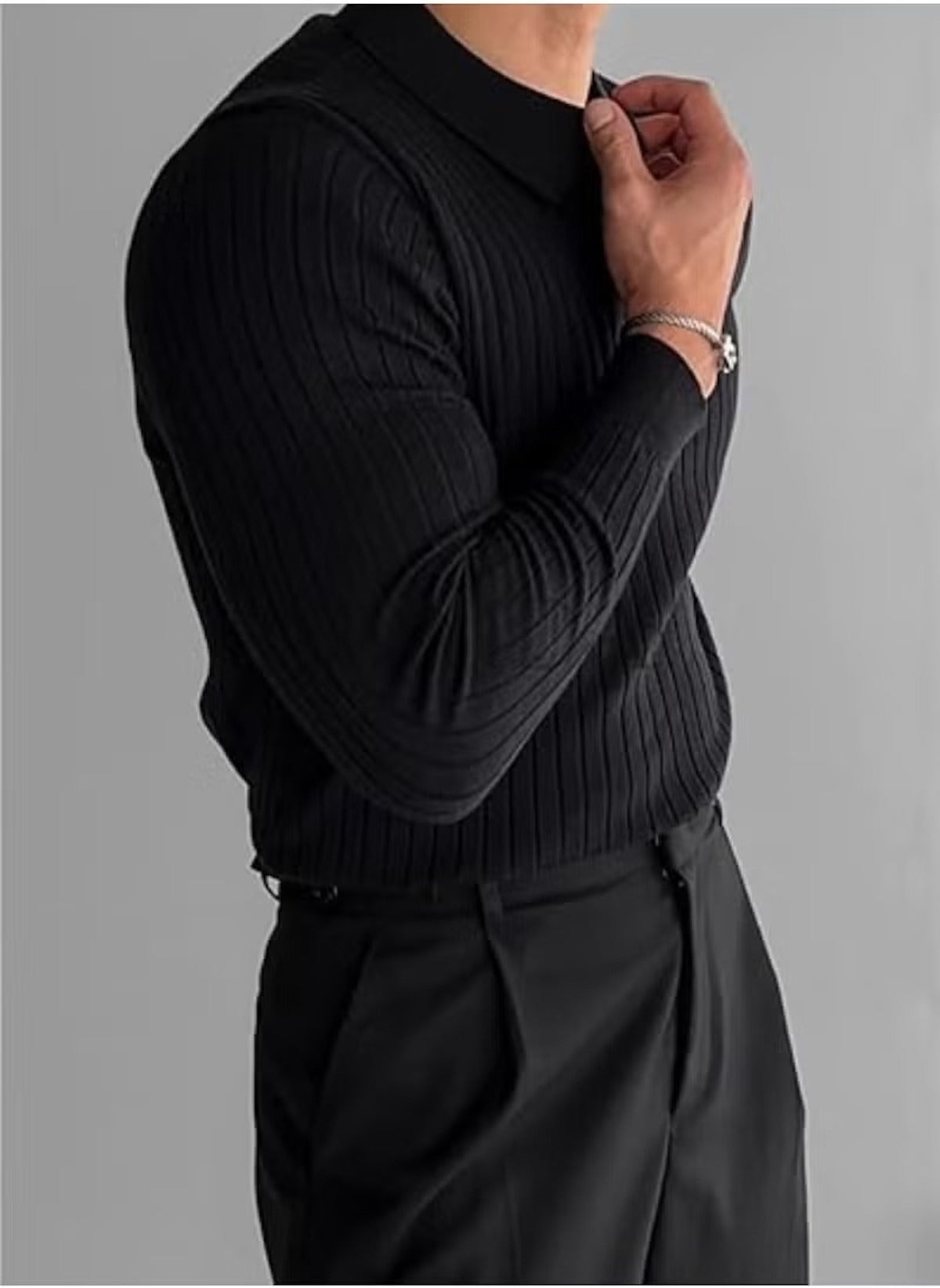 Huitich black long sleeve polo shirt for men UAE with ribbed texture styled on model