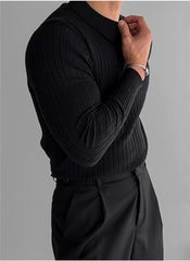 Huitich black long sleeve polo shirt for men UAE with ribbed texture styled on model