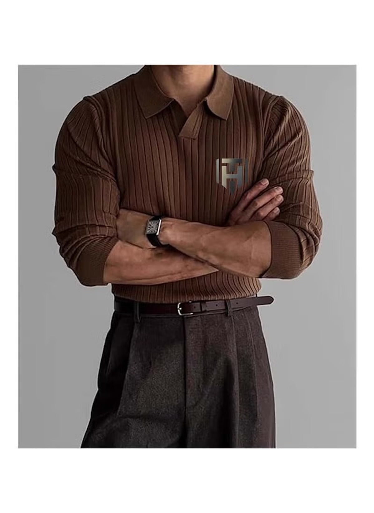 Huitich brown long sleeve polo shirt for men UAE with ribbed texture and logo patch
