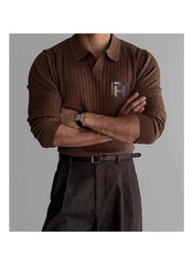 Huitich brown long sleeve polo shirt for men UAE with ribbed texture and logo patch