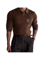 Huitich brown ribbed long sleeve polo shirt for men UAE paired with dark trousers and belt