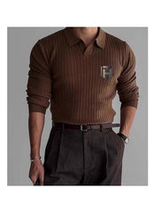 Huitich brown long sleeve polo shirt for men UAE with ribbed texture and logo on chest