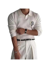 White long-sleeve polo shirt with ribbed vertical stripes and logo patch on chest