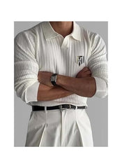 Huitich long sleeve polo shirt for men UAE in white ribbed fabric with collar and logo
