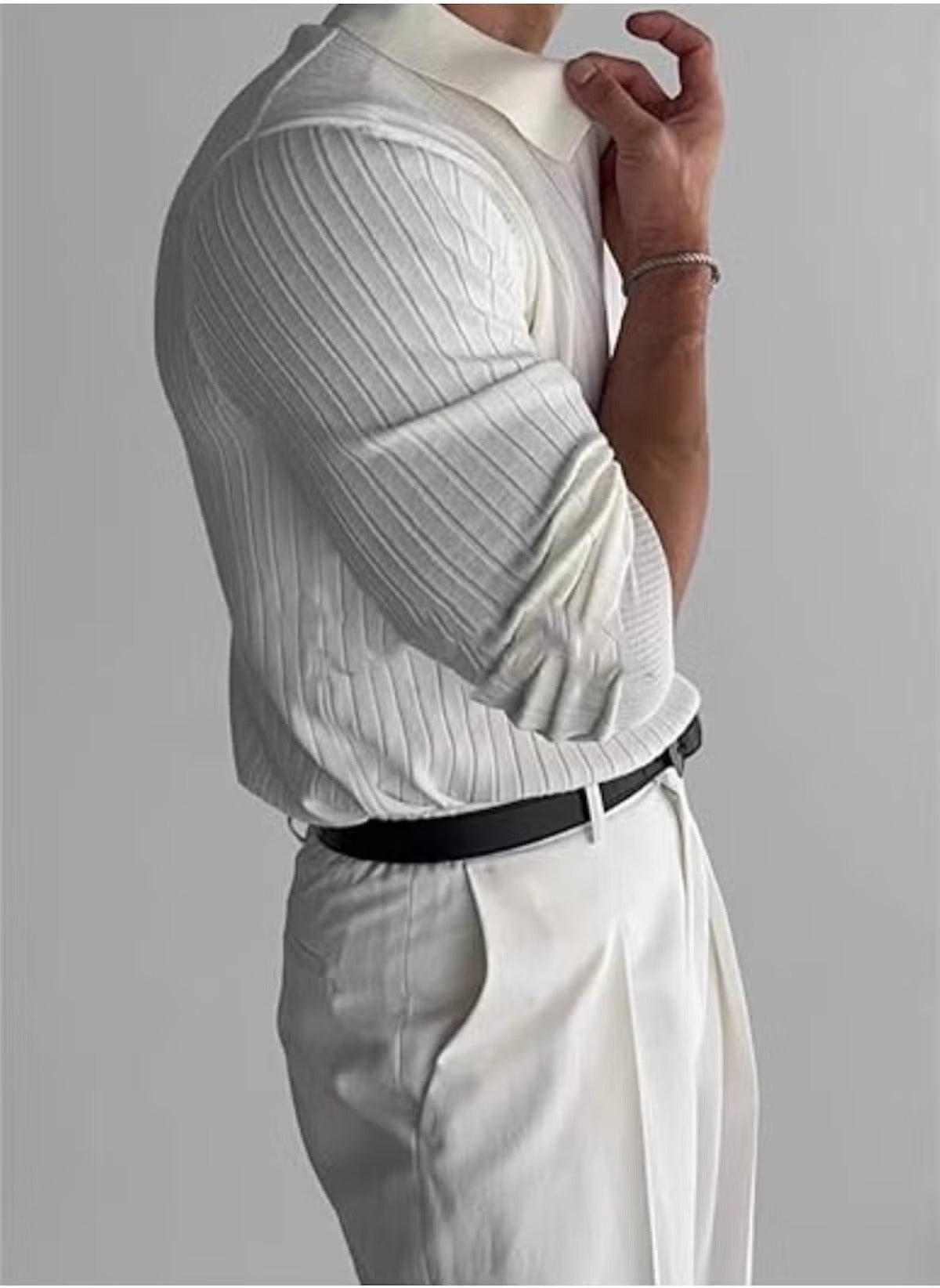 Huitich long sleeve polo shirt for men UAE in white ribbed fabric worn with white pants