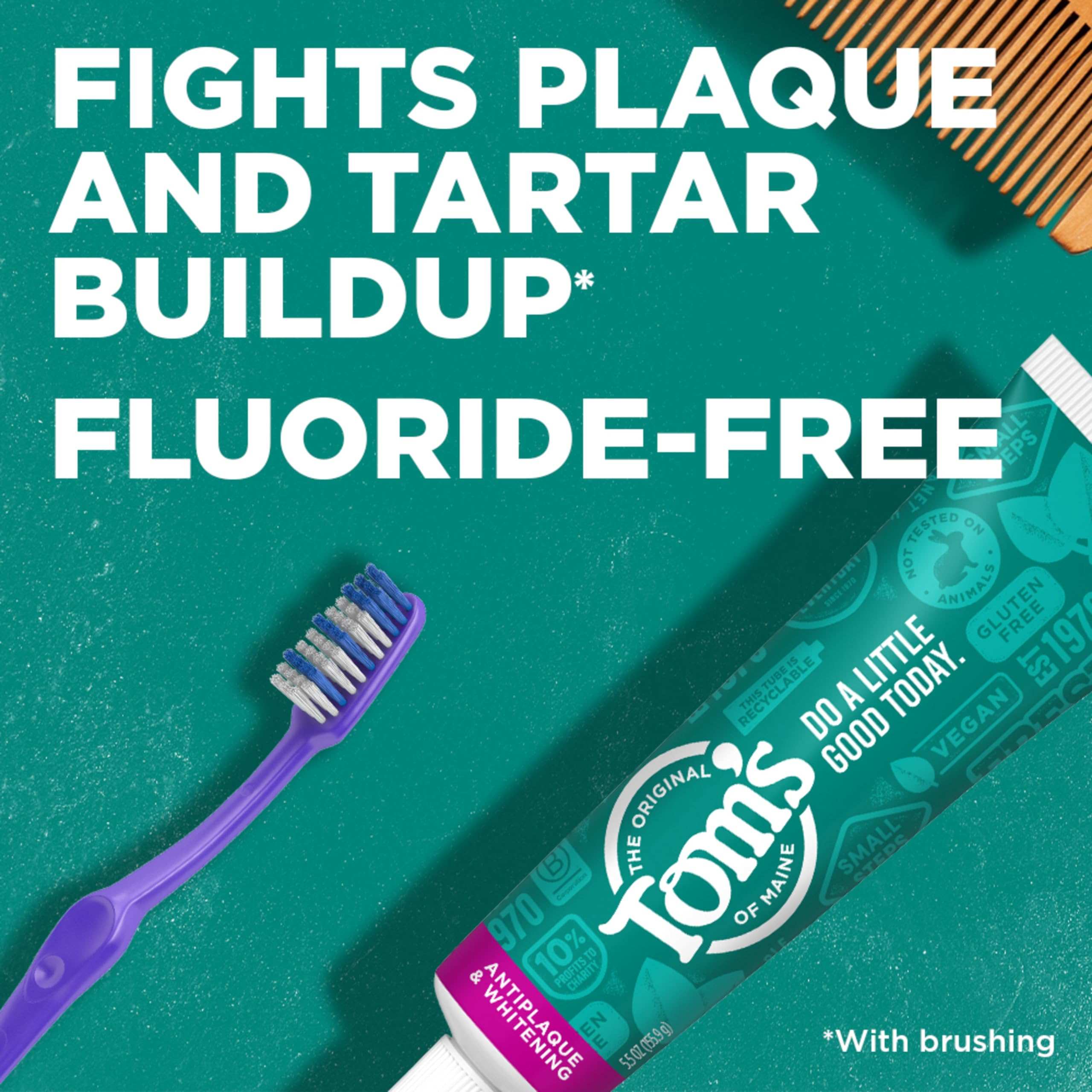 Toms of Maine fluoride free natural toothpaste tube and purple toothbrush on teal background