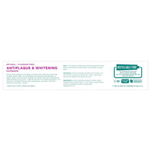 Back panel of fluoride-free antiplaque and whitening toothpaste box with recyclable tube icon.