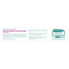 Toms of Maine Antiplaque and Whitening recyclable tube label showing fluoride free natural toothpaste and vegan icons