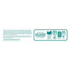 Toms of Maine label panel showing How We Do Good everyday message and certification icons for fluoride free natural toothpaste
