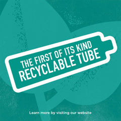 Toms of Maine recyclable tube label promoting the first of its kind for fluoride free natural toothpaste