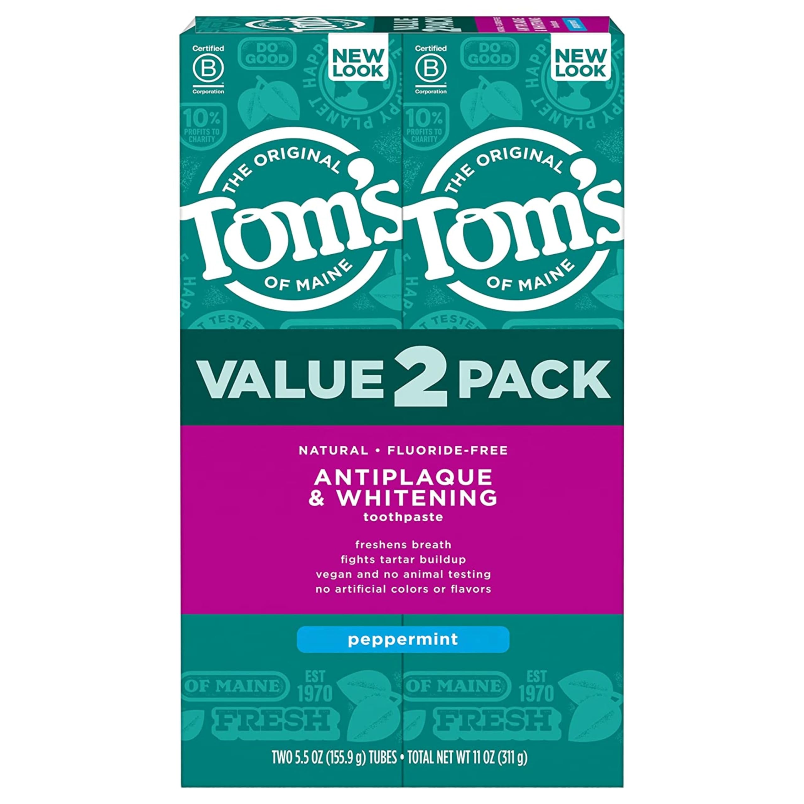 Toms of Maine value 2 pack peppermint antiplaque whitening fluoride free natural toothpaste