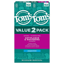 Tom's of Maine Value 2 Pack antiplaque and whitening toothpaste box, peppermint.