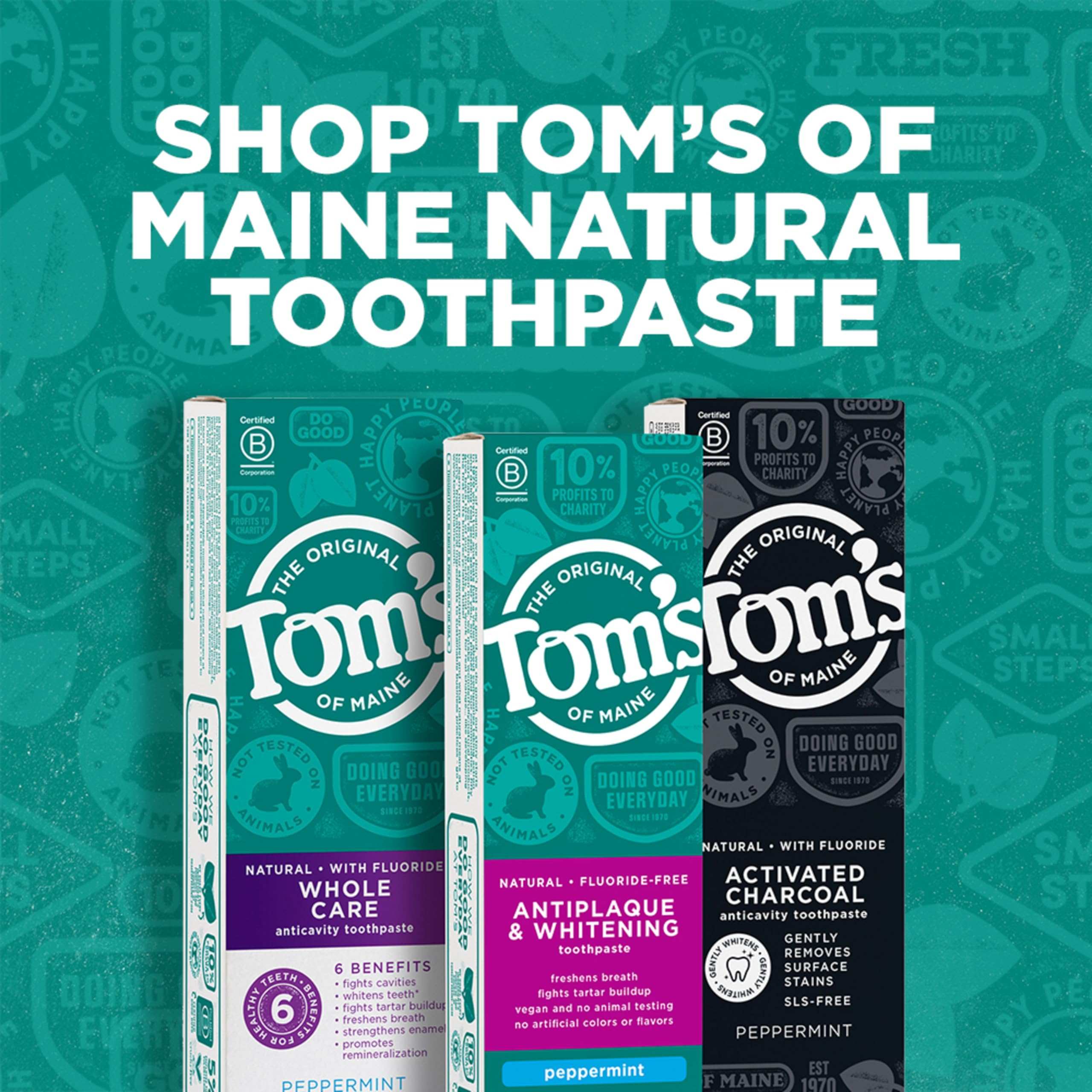 Toms of Maine three toothpaste boxes peppermint antiplaque whitening charcoal fluoride free natural toothpaste