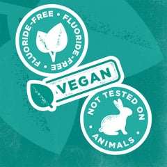 Toms of Maine fluoride free natural toothpaste vegan and cruelty free badges with leaf and rabbit icons