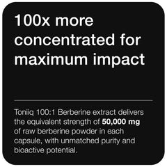 Toniiq label showing 100x concentrated claim and 50000 mg equivalence for high strength berberine supplement UAE
