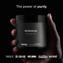 Berberine supplement jar held in hands with black label reading Ultra High Purity.
