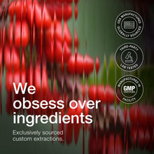Ingredient-focused promotional graphic with red berries and badge icons.