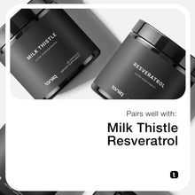 Supplement pairing card showing two black-lidded jars for Milk Thistle and Resveratrol.