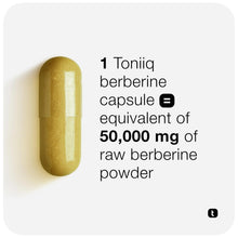 Gold vegetarian berberine capsule graphic showing equivalent 50,000 mg raw powder.