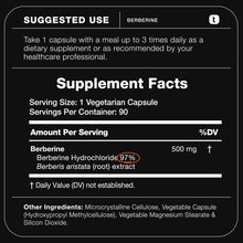 Supplement Facts label listing serving size and 500 mg berberine hydrochloride per capsule.