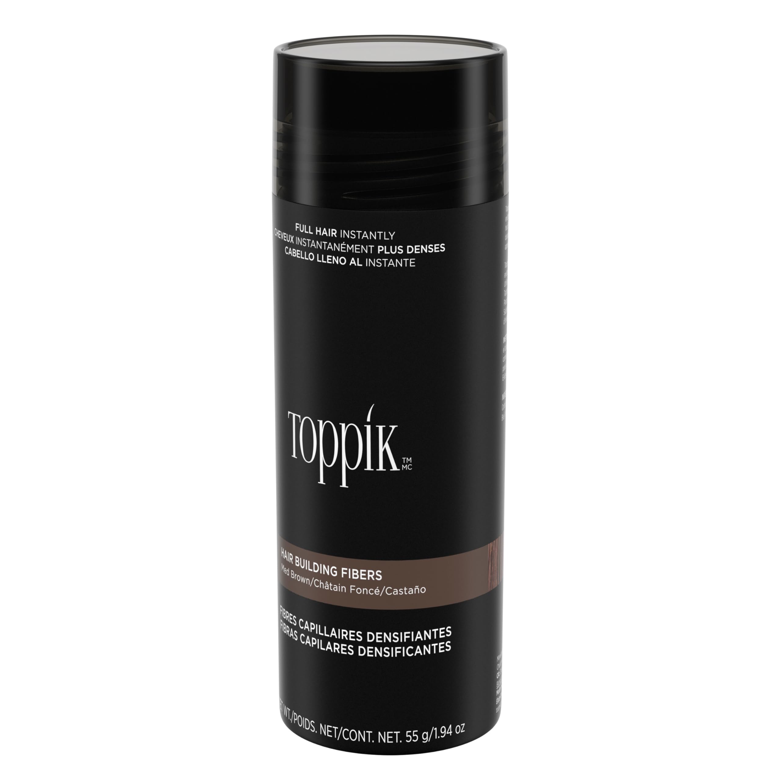 Toppik hair building fibers UAE in a sleek black container for fuller hair instantly
