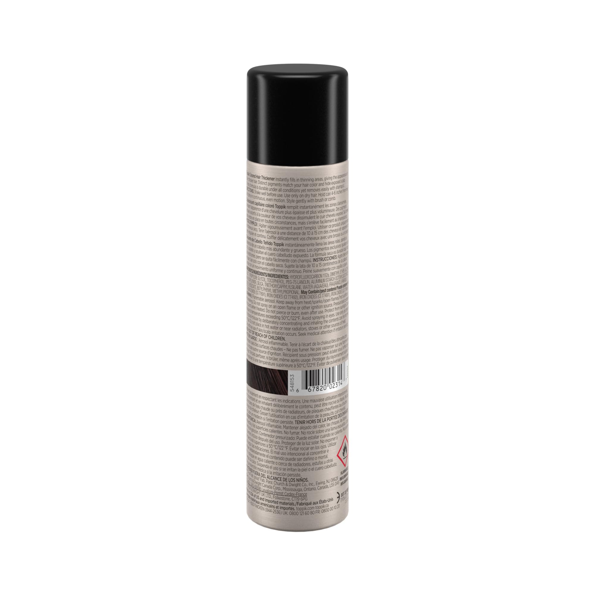 Toppik hair fiber fixing spray bottle with detailed product information and directions on the back