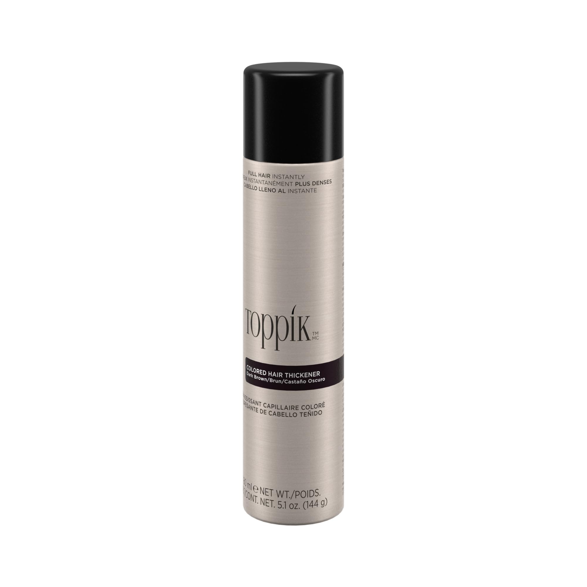 Toppik hair fiber fixing spray in sleek silver bottle for thicker, fuller hair