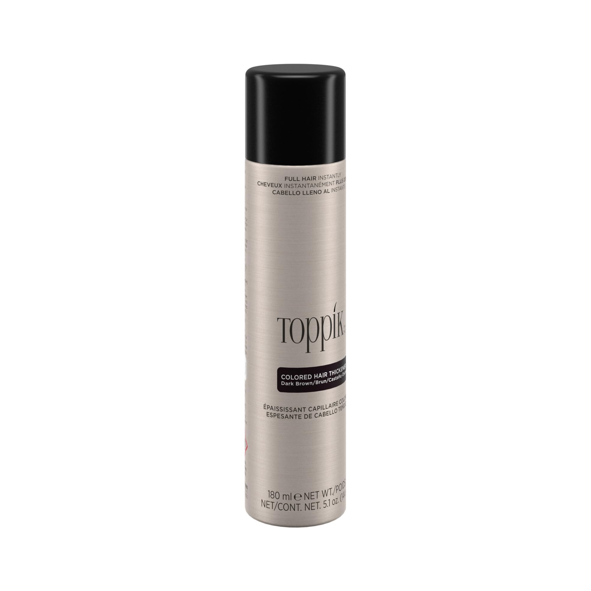 Toppik hair fiber fixing spray in a sleek can for enhancing hair volume and thickness