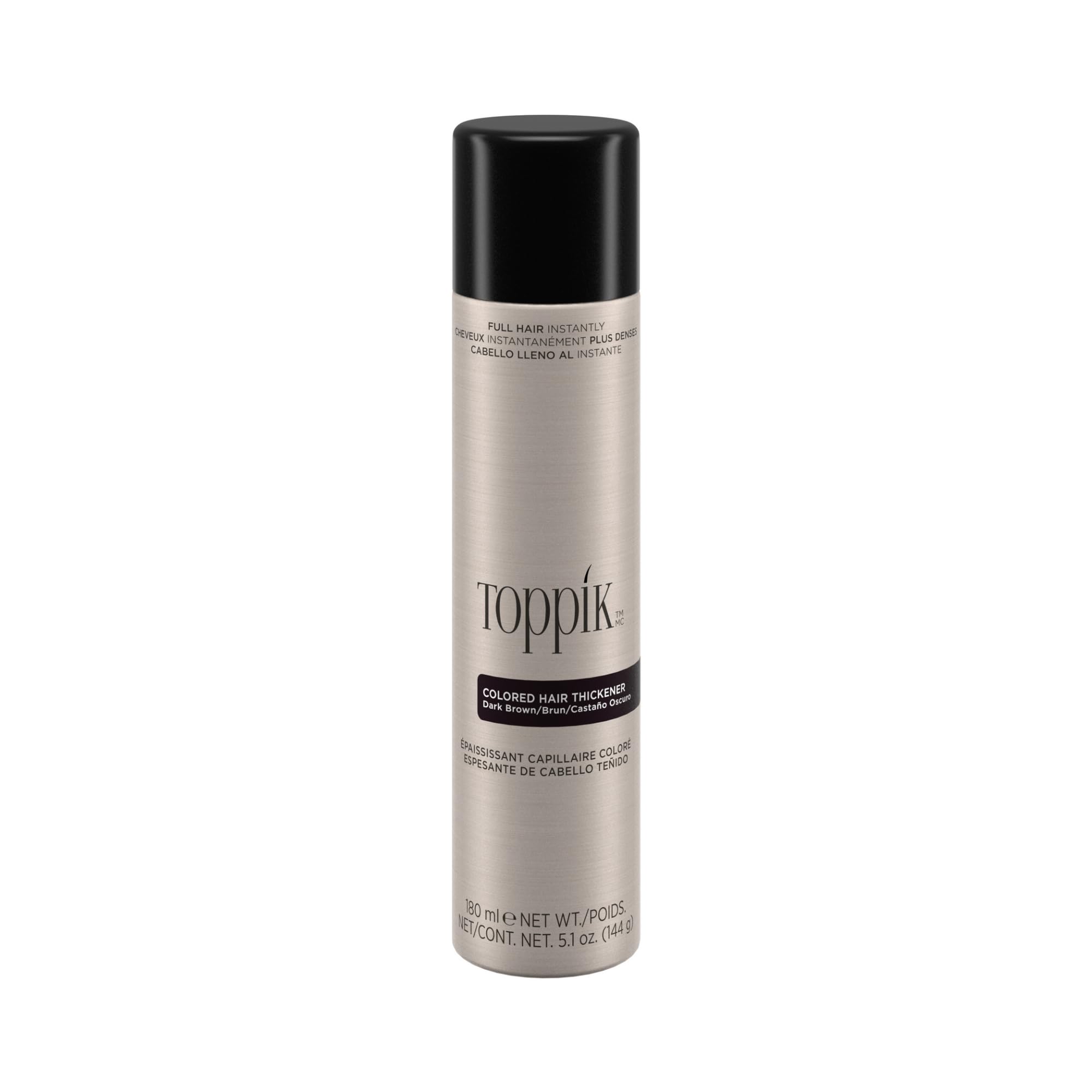 Toppik hair fiber fixing spray in a silver canister for maintaining thicker hair appearance
