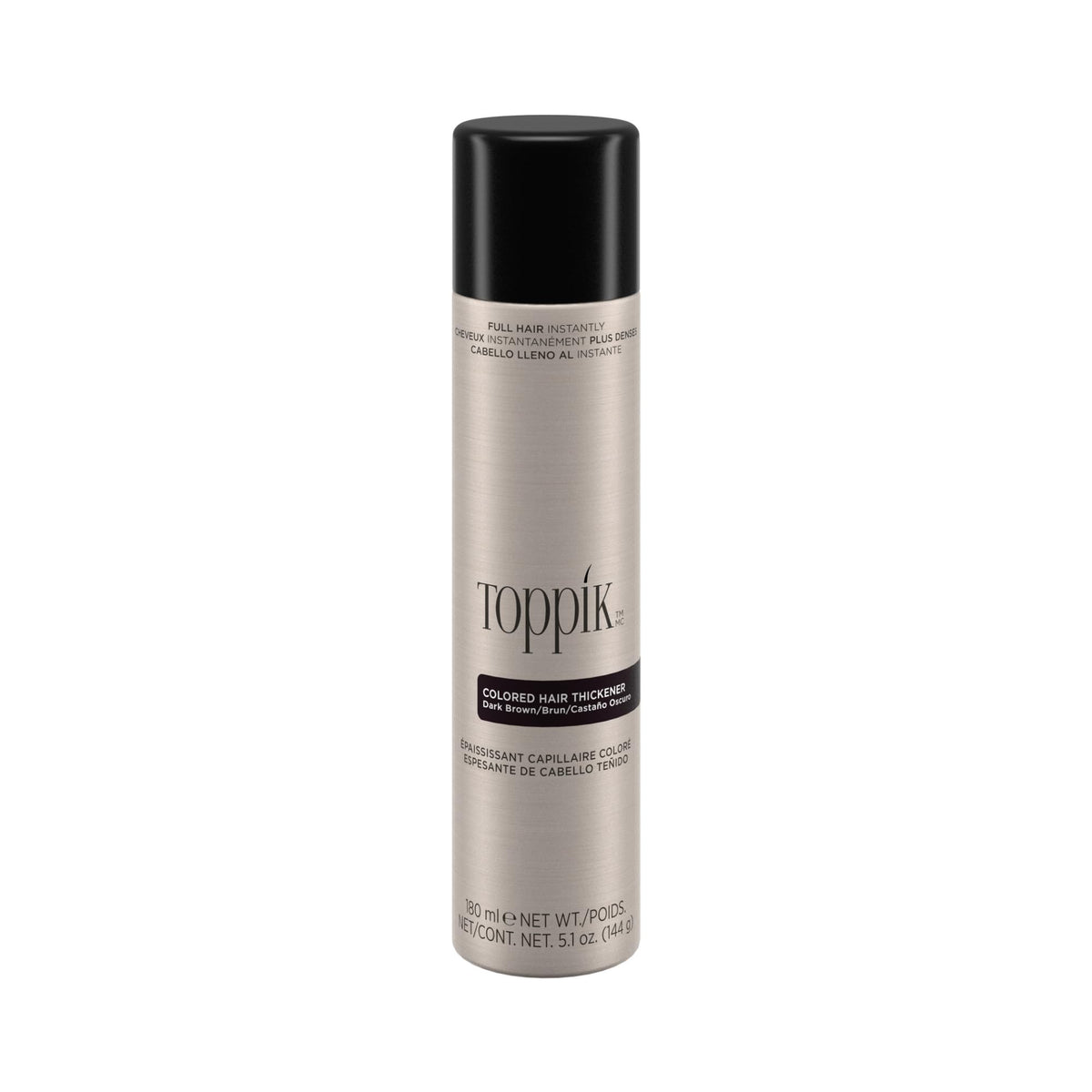 Toppik hair fiber fixing spray in a silver canister for maintaining thicker hair appearance