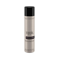 Toppik hair fiber fixing spray in a silver canister for maintaining thicker hair appearance