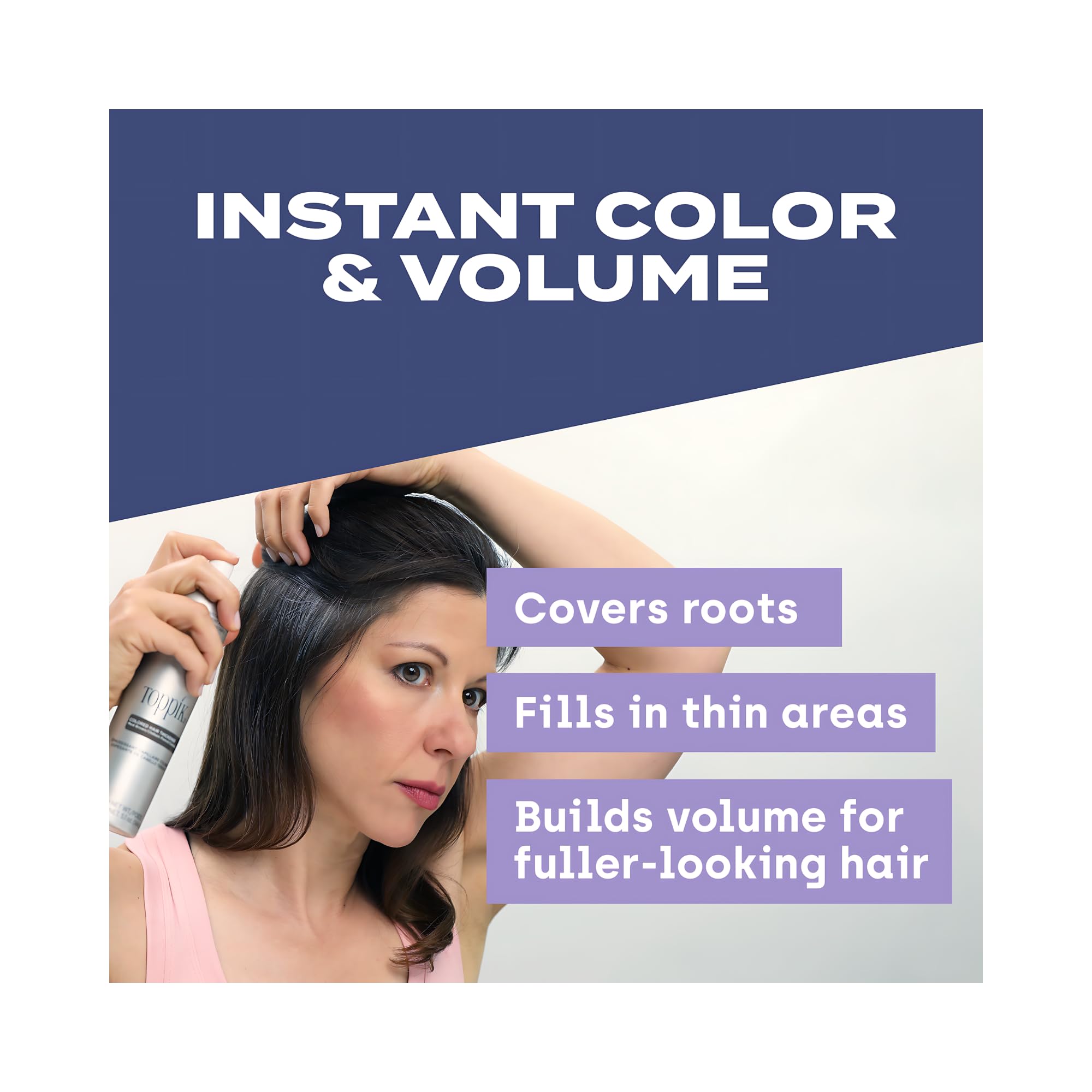 Toppik hair fiber fixing spray used for covering roots and filling in thin areas for fuller-looking hair