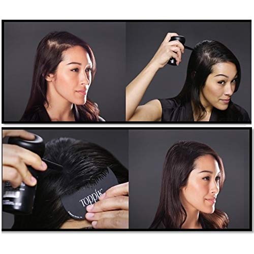 Toppik Hair Perfecting Toolkit with application tools and a user demonstrating how to achieve fuller hair