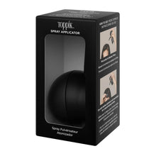 Black hair spray applicator box with front window and side instruction panel