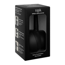 Black hair spray applicator box with front window showing spray nozzle