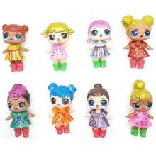 Set of 8 colorful toy dolls with big eyes, each in a different outfit and accessories.