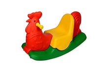 Plastic hen ride-on rocker toy with red hen body, yellow seat, and green base