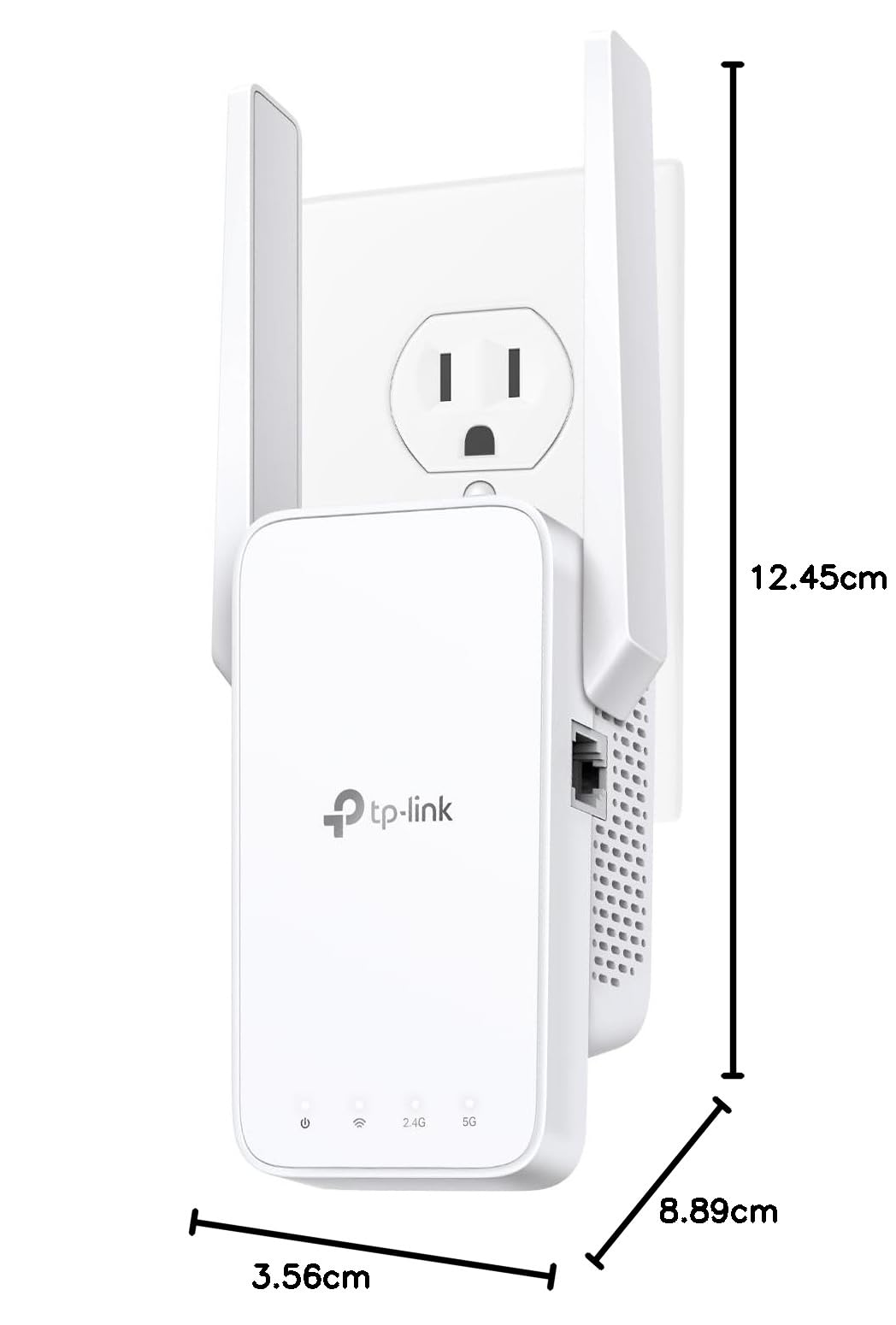 TP-Link AC1200 WiFi extender plugged into wall outlet with dual external antennas and indicator lights