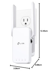 TP-Link AC1200 WiFi extender plugged into wall outlet with dual external antennas and indicator lights