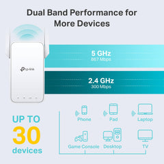 TP-Link AC1200 WiFi extender showing dual band performance with 5 GHz and 2.4 GHz speeds supporting up to 30 devices