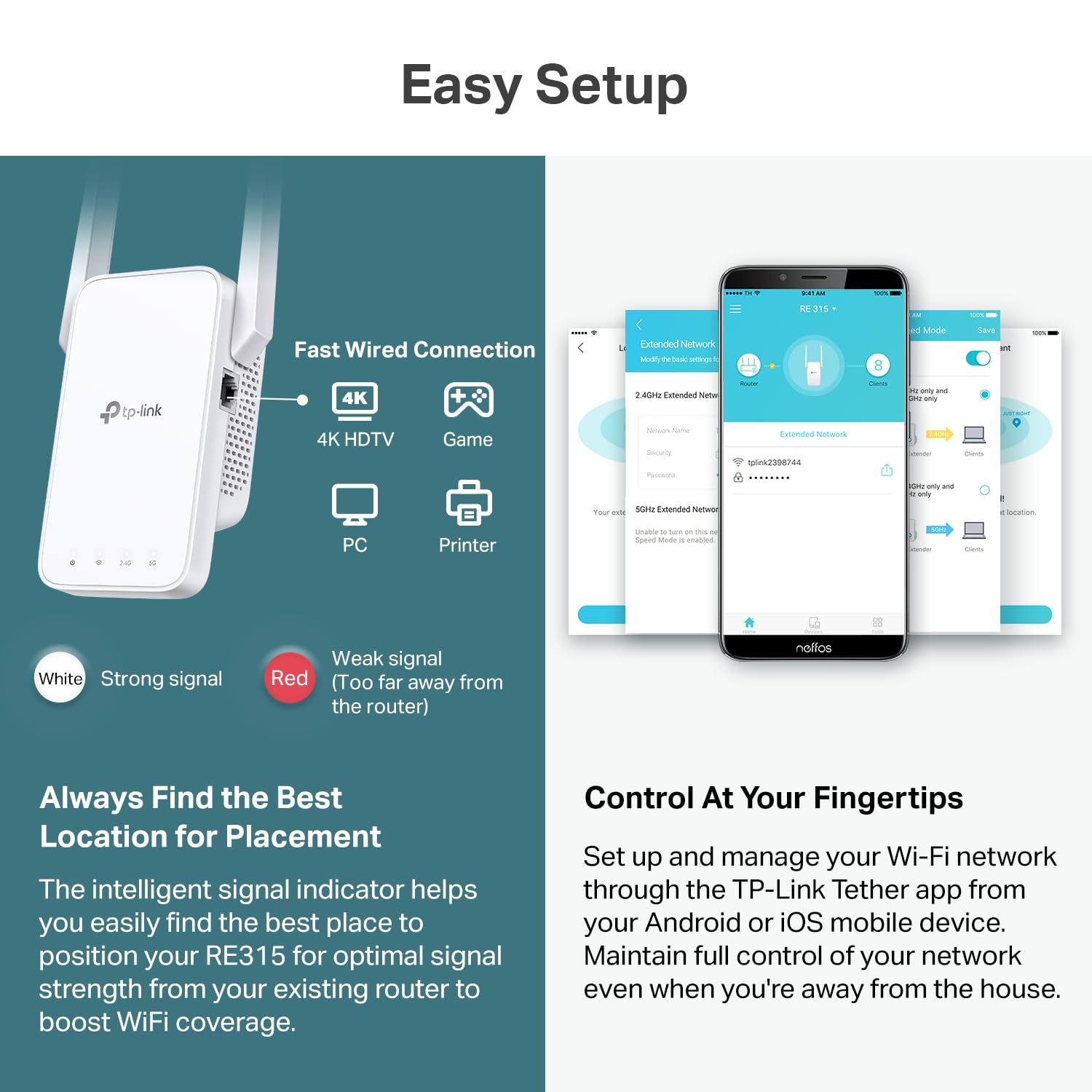 TP-Link AC1200 WiFi extender with intelligent signal indicator for optimal placement and app control on smartphone