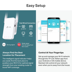 TP-Link AC1200 WiFi extender with intelligent signal indicator for optimal placement and app control on smartphone